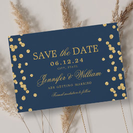 Elegant Script Trouwen Goud Confetti Navy Blue Save The Date
