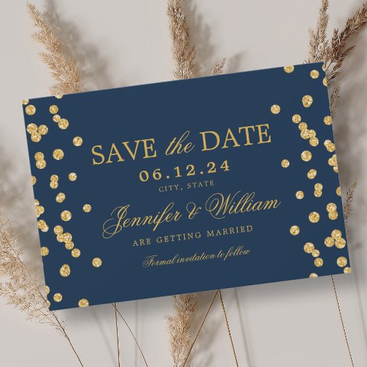 Elegant Script Trouwen Goud Confetti Navy Blue Save The Date