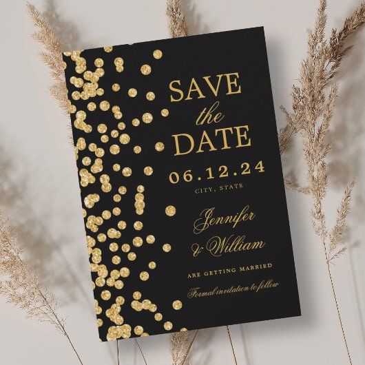 Elegant Script Trouwen Goud Confetti Zwart Save The Date