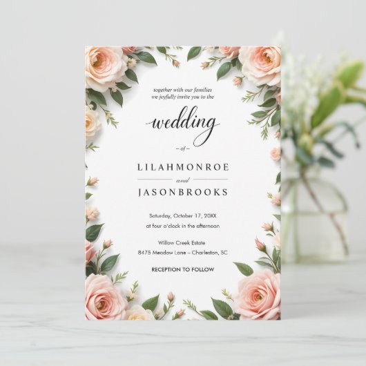 Elegant Script Trouwen met Blush Bloemen Grens Kaart (Staand voorkant)