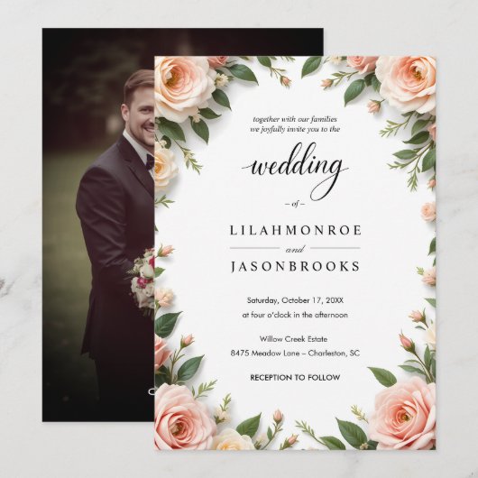 Elegant Script Trouwen met Blush Bloemen Grens Kaart (Voorkant / Achterkant)