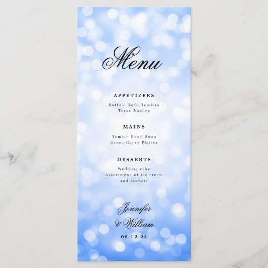 Elegant Script Trouwen Navy Blue Bokeh Lights Menu (Voorkant)