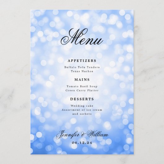 Elegant Script Trouwen Navy Blue Bokeh Lights Menu (Voorkant)