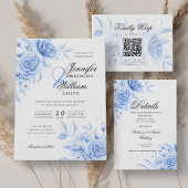 Elegant Script Trouwen Navy Blue Floral w / QR RSV Kaart