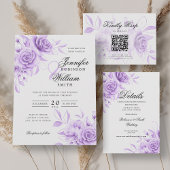 Elegant Script Trouwen Paarse Bloemen w / QR RSVP Kaart