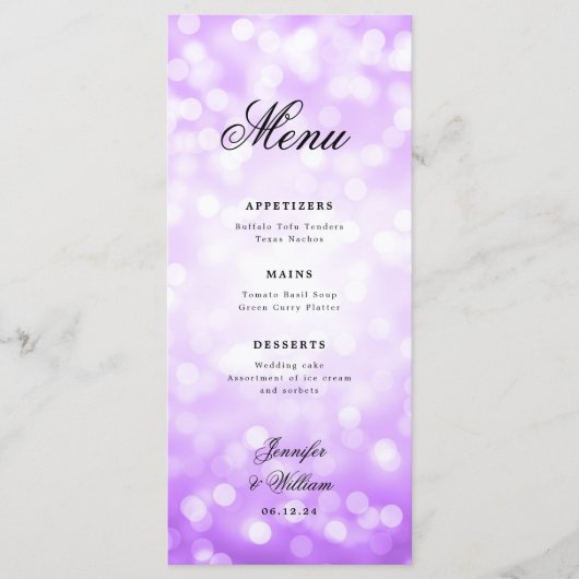 Elegant Script Trouwen Paarse Bokeh Lights Menu (Voorkant)
