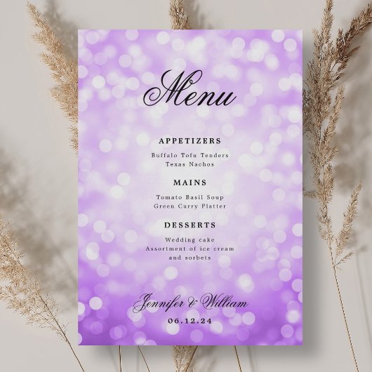 Elegant Script Trouwen Paarse Bokeh Lights Menu