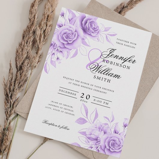 Elegant Script Trouwen Paarse Waterverf Bloemen Kaart