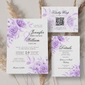Elegant Script Trouwen Paarse Waterverf Bloemen Kaart
