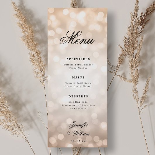 Elegant Script Trouwen Roos Gold Bokeh Lights Menu