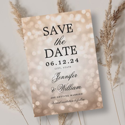 Elegant Script Trouwen Roos Gold Bokeh Lights Save The Date