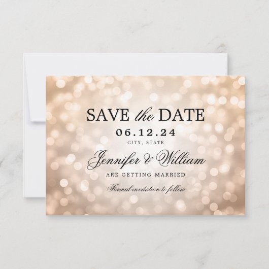 Elegant Script Trouwen Roos Gold Bokeh Lights Save The Date (Voorkant)