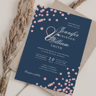 Elegant Script Trouwen Roos Gold Confetti Navy Blu Kaart