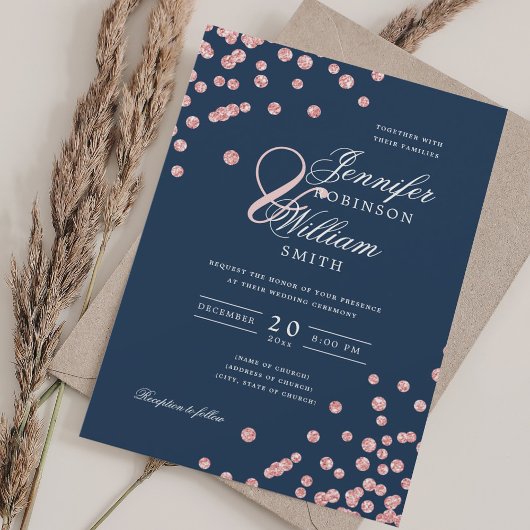 Elegant Script Trouwen Roos Gold Confetti Navy Blu Kaart