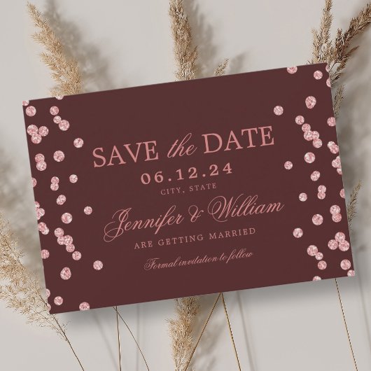Elegant Script Trouwen Roos Goud Confetti Bourgogn Save The Date