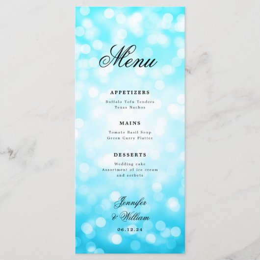 Elegant Script Trouwen Turquoise Bokeh Lights Menu (Voorkant)