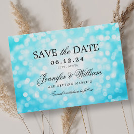 Elegant Script Trouwen Turquoise Bokeh Lights Save The Date