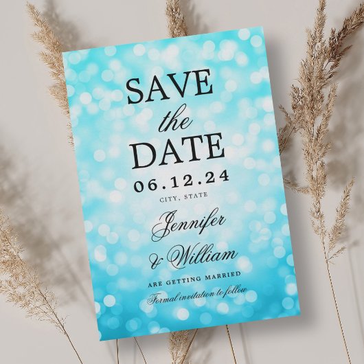 Elegant Script Trouwen Turquoise Bokeh Lights Save The Date