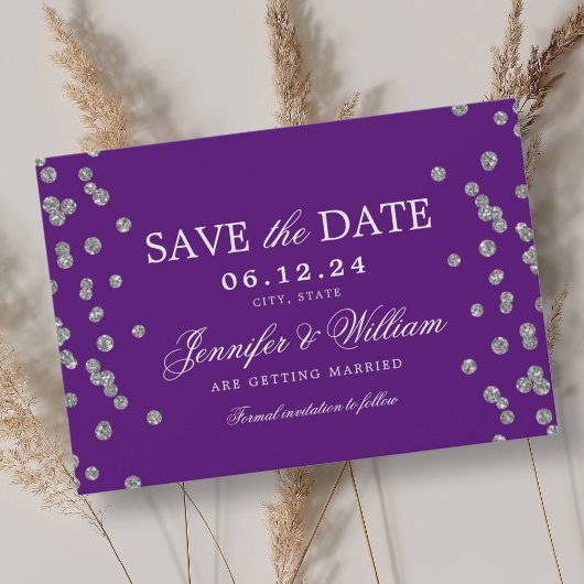Elegant Script Trouwen Zilver Confetti Paarse Save The Date