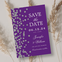 Elegant Script Trouwen Zilver Confetti Paarse Save The Date