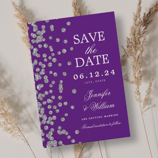 Elegant Script Trouwen Zilver Confetti Paarse Save The Date