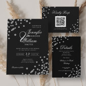 Elegant Script Trouwen Zilver Confetti QR Zwart Kaart