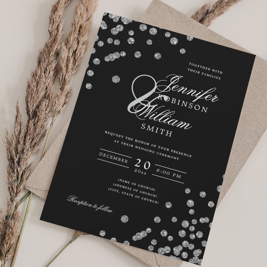 Elegant Script Trouwen Zilver Confetti QR Zwart Kaart