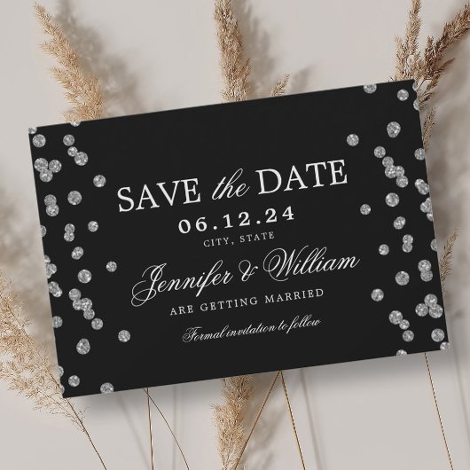 Elegant Script Trouwen Zilver Confetti Zwart Save The Date