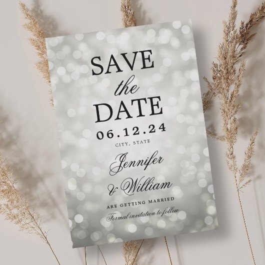 Elegant Script Trouwen Zilveren Bokeh Lights Save The Date