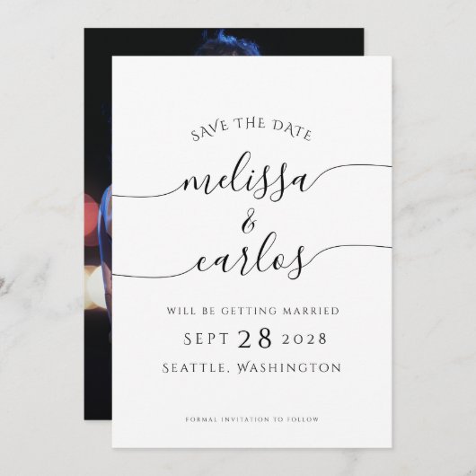 Elegant Script Trouwfoto Eenvoudig Save The Date (Voorkant / Achterkant)
