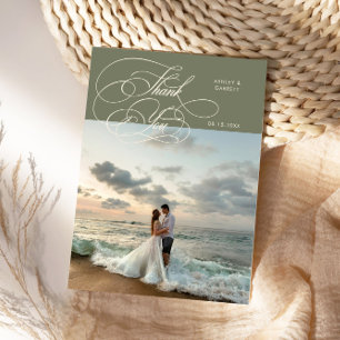 Elegant Script Trouwfoto Saliegroen Bedankkaart