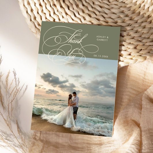 Elegant Script Trouwfoto Saliegroen Bedankkaart