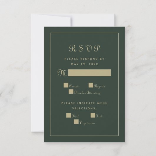 Elegant Script Trouwmenu Bijlage Groen & Goud RSVP Kaartje (Voorkant)