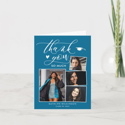 Elegant Script Turquoise 4 Photo Chic Afstuderen Bedankkaart (Voorkant)