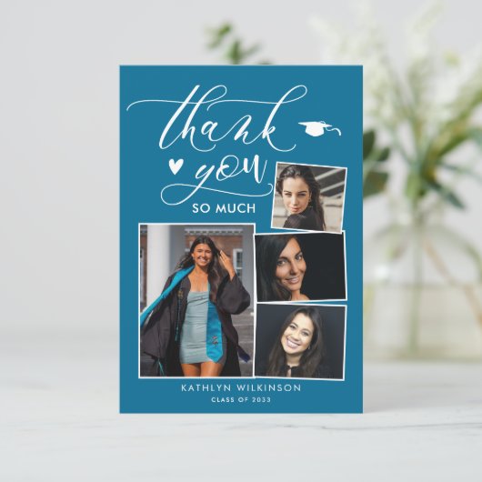 Elegant Script Turquoise Chic 4 Photo Afstuderen Bedankkaart (Staand voorkant)