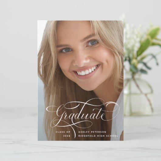 Elegant script | Twee foto-Afstuderen Aankondiging (Staand voorkant)