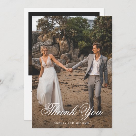 Elegant Script Twee foto bruiloft Bedankkaart (Voorkant / Achterkant)