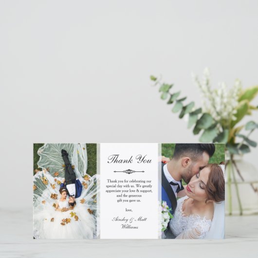 Elegant Script Two Wedding Photos Dank u Bedankkaart (Staand voorkant)