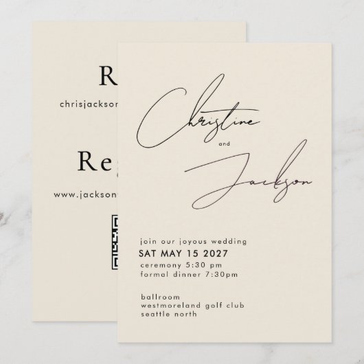 Elegant Script Typography Modern Cream Wedding Kaart (Voorkant / Achterkant)