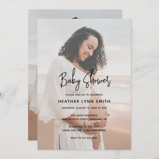 Elegant Script Typography Modern Photo Baby shower Kaart (Voorkant / Achterkant)
