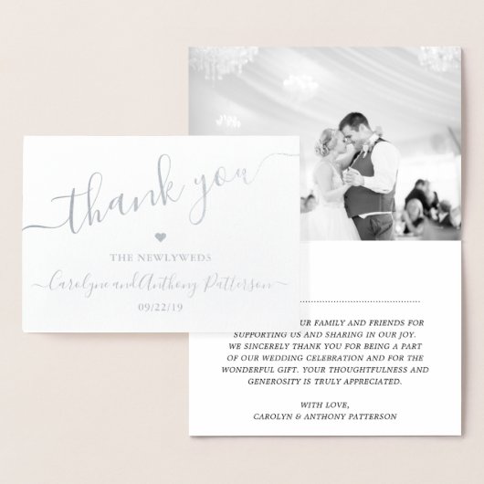 Elegant Script Typography Photo Weddenschap Bedank Folie Kaarten (Display)