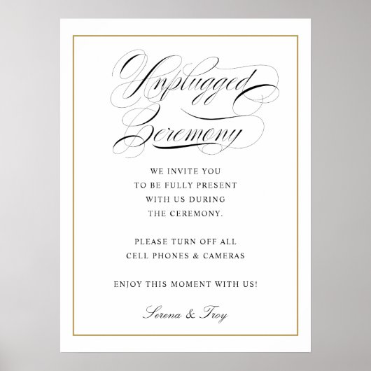 Elegant Script Unplugged Ceremony Sign Weddenschap Poster (Voorkant)