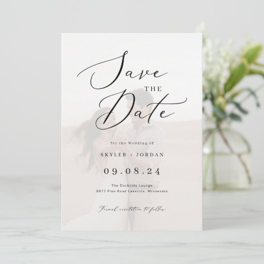 Elegant script Vellum Overlay Fotobruiloft Save The Date (Staand voorkant)