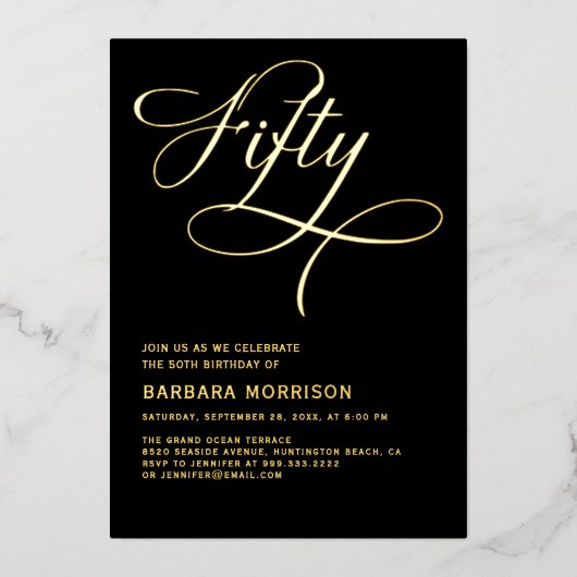 Elegant script Vijftig zwart goud 50ste verjaardag Folie Uitnodiging (Voorkant)