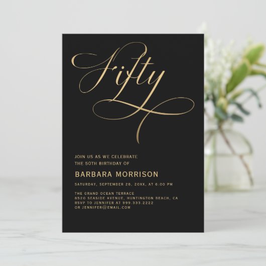 Elegant script Vijftig zwart goud 50ste verjaardag Kaart (Staand voorkant)