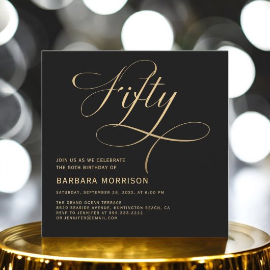 Elegant script Vijftig zwart goud 50ste verjaardag Kaart