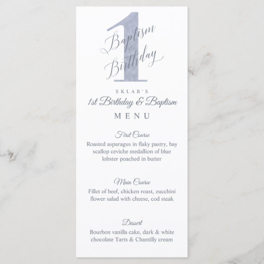 Elegant Script Violet Baby's 1e verjaardag Baptism Menu (Voorkant)