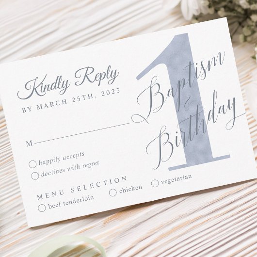 Elegant Script Violet Baby's 1e verjaardag Baptism RSVP Kaartje