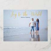 Elegant Script Vreugde aan de Wereld Persoonlijk Folie Feestdagenkaart (Voorkant)