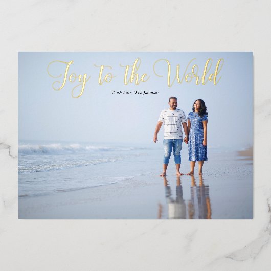 Elegant Script Vreugde aan de Wereld Persoonlijk Folie Feestdagenkaart (Voorkant)